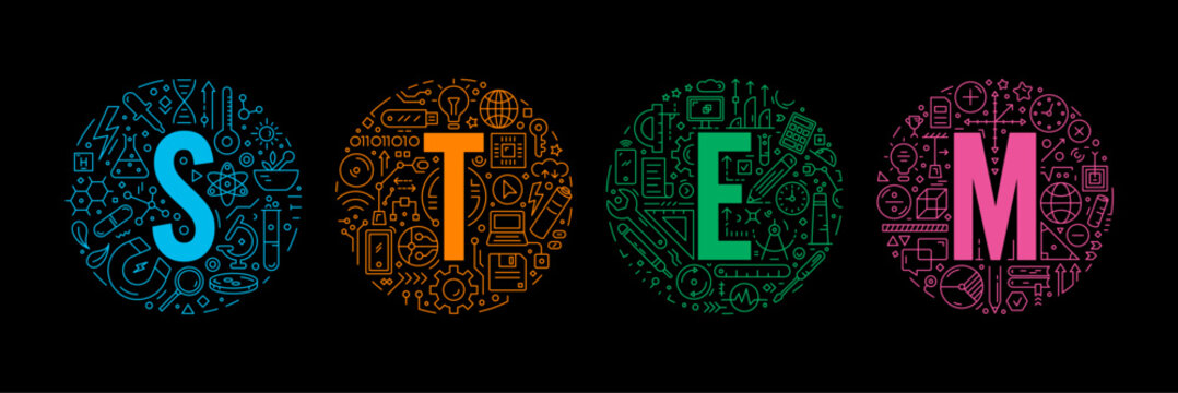 stem and stem symbols in circles. stem training concept. technical drawing robotics training. science, technology, engineering, mathematics education