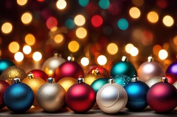 Naklejka na ściany i meble Christmas and New Year background, ornament of bright multi-colored glass decorative Christmas balls and baubles, shining lights and sparkles, close up macro