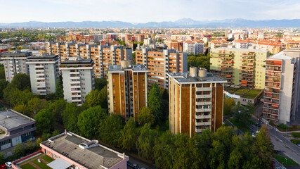 Fototapeta premium Aerial view of the city of Cologno Monzese on the outskirts of Milan, Italy. It is a residential area.