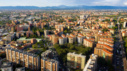 Aerial view of the city of Cologno Monzese on the outskirts of Milan, Italy. It is a residential area.