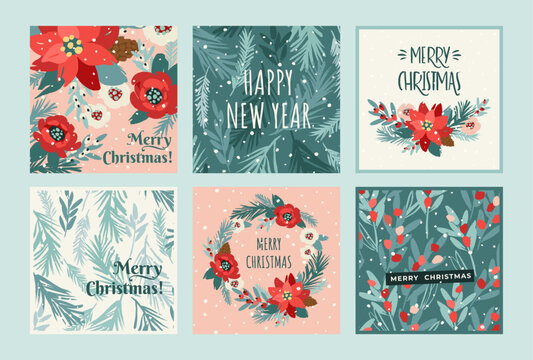 Christmas and Happy New Year cards with flowers, christmas tree, branches, leaves, berries, snowflakes. Trendy retro style. Vector design