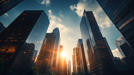 Skyscrapers in modern city at sunset. 3d rendering. Corporate skyscrapers and sunshine above, sleek...