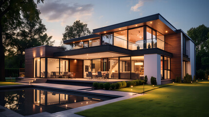 Modern house exterior with swimming pool and garden at dusk. 3d rendering of modern cozy house with...