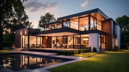 Fotobehang Modern house exterior with swimming pool and garden at dusk. 3d rendering of modern cozy house with pool and parking for sale or rent in luxurious style and beautiful landscaping on background.  © mandu77