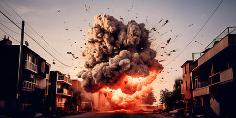 Moment of bomb explosion with cloud of smoke and bright flames on city street with collapsing residential houses and buildings during air attack - obrazy, fototapety, plakaty
