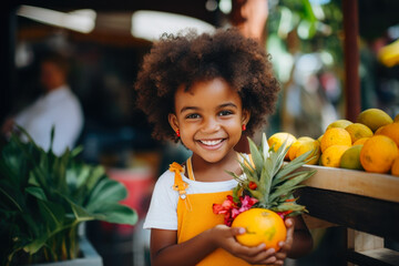 Joyful girl holding citrus at outdoor market.