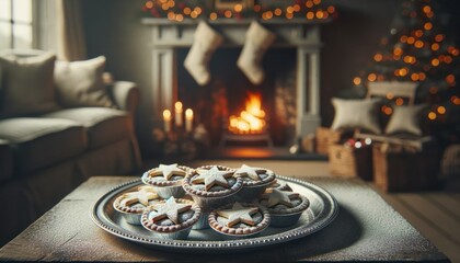 British mince pie, a classic festive dessert, arranged on a silver tray with star-shaped cutouts and powdered sugar, against the backdrop of a cozy English cottage with a roaring fireplace - obrazy, fototapety, plakaty