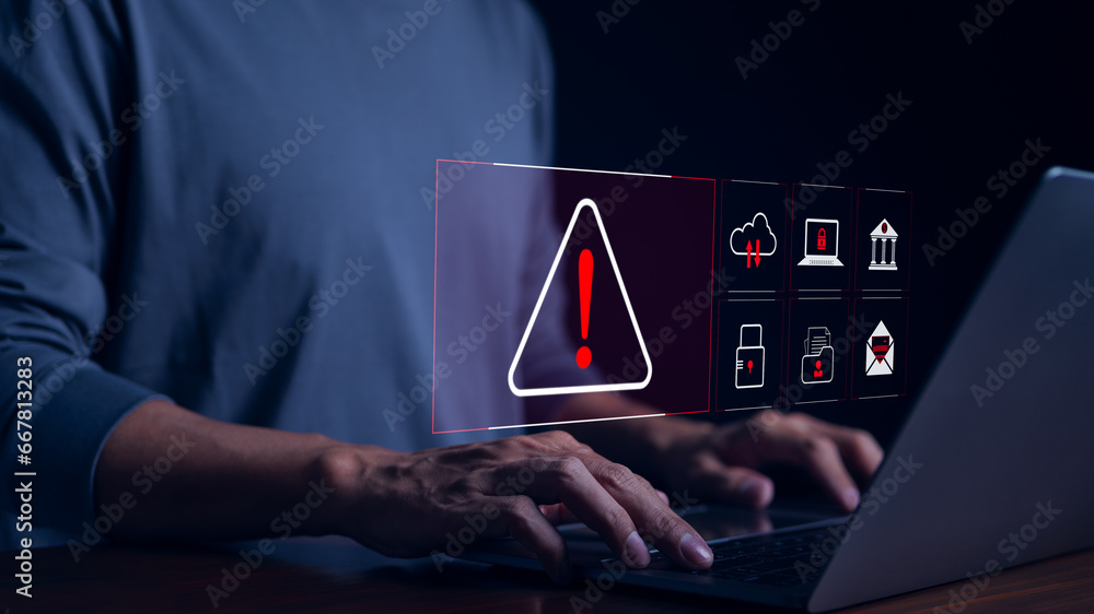 Poster cyber security warning alert system concept. businessman working on laptop. computer network hack, c