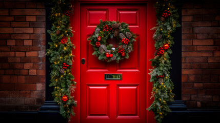 Front door to an English home painted red with a Christmas wreath, Xmas Garland - obrazy, fototapety, plakaty