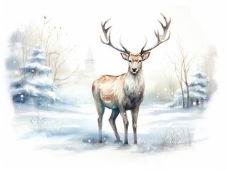 painting of a majestic deer in the winter forest. 