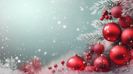 Naklejka na ściany i meble Snowy festive background with red Christmas baubles.