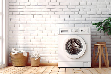 Interior of modern bathroom with white brick wall and washing machine on wooden floor and laundry baskets