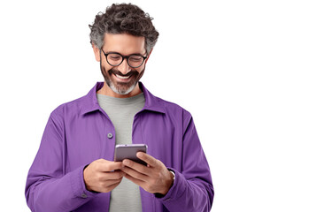 Illustration of a happy, optimistic man Isolated on a transparent background PNG, older man using smart phones to chat, write blog posts, stalk other bloggers, and exchange social media updates. - obrazy, fototapety, plakaty