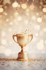 Golden champion cup  with sparkling lights on bokeh background  - obrazy, fototapety, plakaty