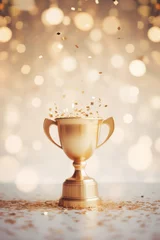 Foto op Canvas Golden champion cup  with sparkling lights on bokeh background  © Anna