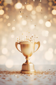 Golden champion cup  with sparkling lights on bokeh background 