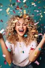 Young woman with curly hair rejoices in confetti, girl blows confetti from her palms, holiday and happiness, new year and Christmas
