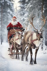 Fototapeta na wymiar Santa with New Year's gifts rides on a sleigh with reindeer