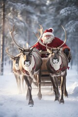 Santa with New Year's gifts rides on a sleigh with reindeer