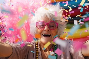 Old woman with glasses rejoices in confetti, grandma blows confetti from her palms, celebration and happiness