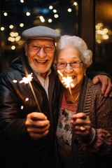 Old man and woman holding sparklers in their hands, grandparents rejoicing, holiday, New year, Christmas