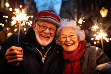 Old man and woman holding sparklers in their hands, grandparents rejoicing, holiday, New year, Christmas - obrazy, fototapety, plakaty