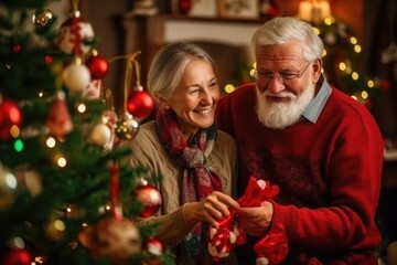 Old man and woman are decorating Christmas tree, grandparents are hugging against the background of the New Year tree, New Year and Christmas