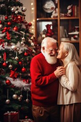 Fototapeta na wymiar Old man and woman are decorating Christmas tree, grandparents are hugging against the background of the New Year tree, New Year and Christmas