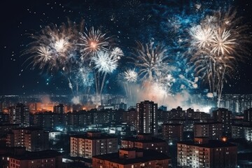 Festive night fireworks over the houses of the city, New Year's fireworks