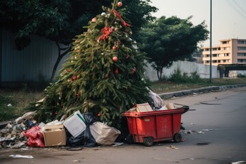 Christmas tree in the trash after the holiday, recycling of Christmas trees - obrazy, fototapety, plakaty