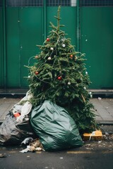 Christmas tree in the trash after the holiday, recycling of Christmas trees