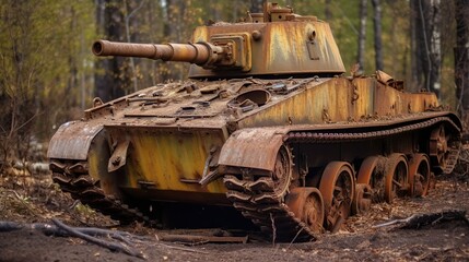 Fototapeta na wymiar Abandoned and derelict military tank