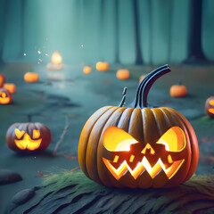 Glowing pumpkin decorations of the city for the holiday. Halloween concept. Background and wallpaper with generated ai