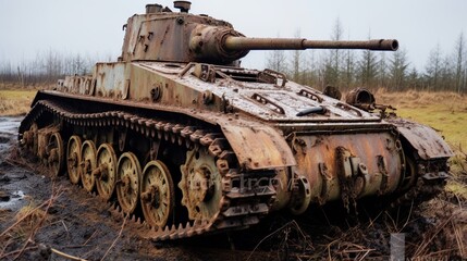 Fototapeta na wymiar Abandoned and derelict military tank