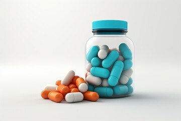 3D illustration of bottle with pills against a white background. Generative AI