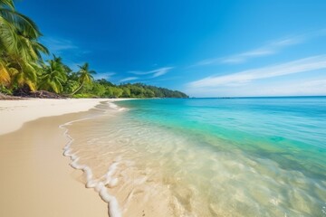 Exquisite tropical beach with clear water, sandy shore, and palm tree. Ideal for summer and vacation. Generative AI