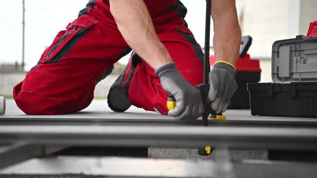 Professional Contractor Worker Building Composite Outdoor Patio Deck