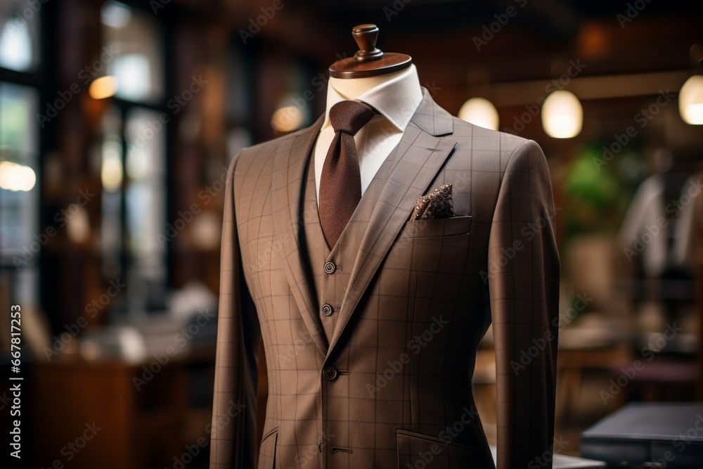 Poster mannequin in the show room, suits atelier concept. background with selective focus and copy space