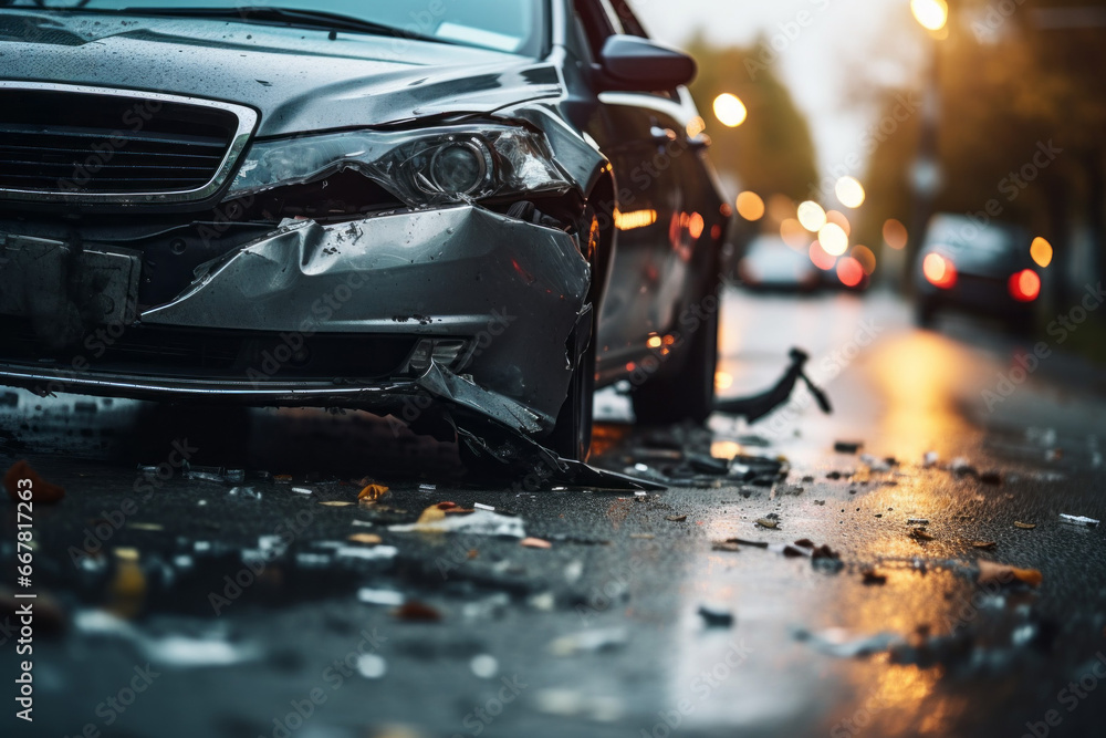 Aufkleber broken car in an accident. crash on the road. background with selective focus and copy space