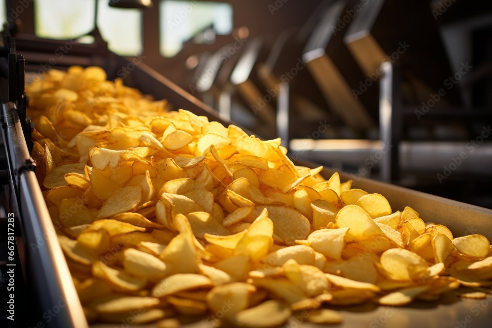 Poster chips factory. production conveyor line. background with selective focus and copy space