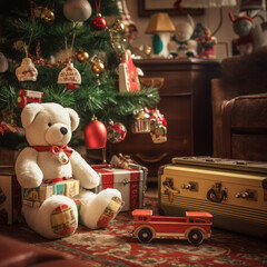 Christmas composition with retro toys: A teddy bear, a car and decorations on the background of the Christmas tree