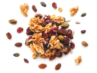 Salad topoer mix background with nuts and raisins