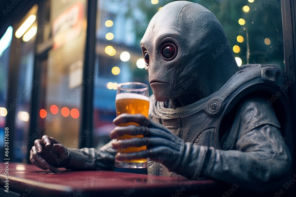 Poster a stranger in a bar or pub with a beer. portrait with selective focus and copy space