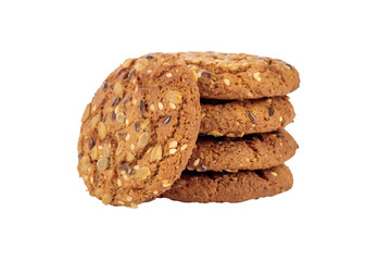 Isolated oatmeal cookies and flakes on a white background