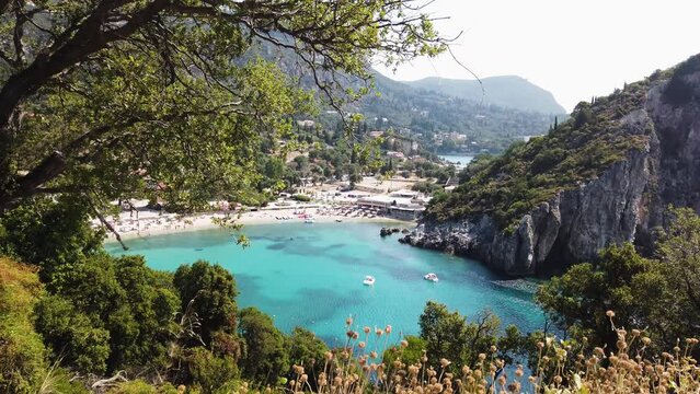 itablishing shot of Paleokastrica beach and Ionian sea on Korfu, Greece, panoramic shot