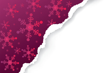 
Christmas ripped paper, red background. 
Illustration of violet purple paper background with snowflakes and place for your text or image. Vector available.