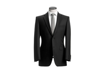 Close up of a mannequin in a black suit and tie