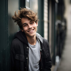 jeune garçon brun cheveux court souriant pris en photo dans la rue en tenue décontractée, éclairage naturel - obrazy, fototapety, plakaty