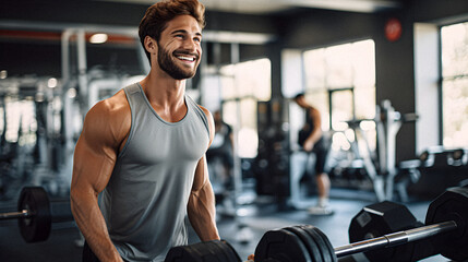 Handsome fit model smiling in gym - Generative Ai