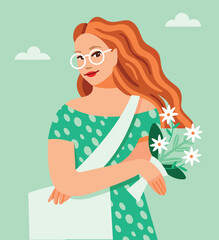 Eco, red-headed girl holding canvas bag and flowers. Portrait of woman wearing glasses.